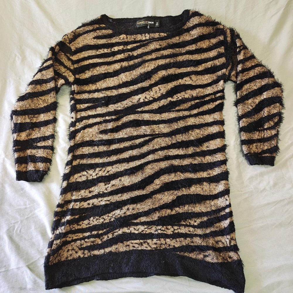 Gabrielle Union NY&Co Metallic Gold Tiger Stripe Eyelash Knit Sweater Dress M